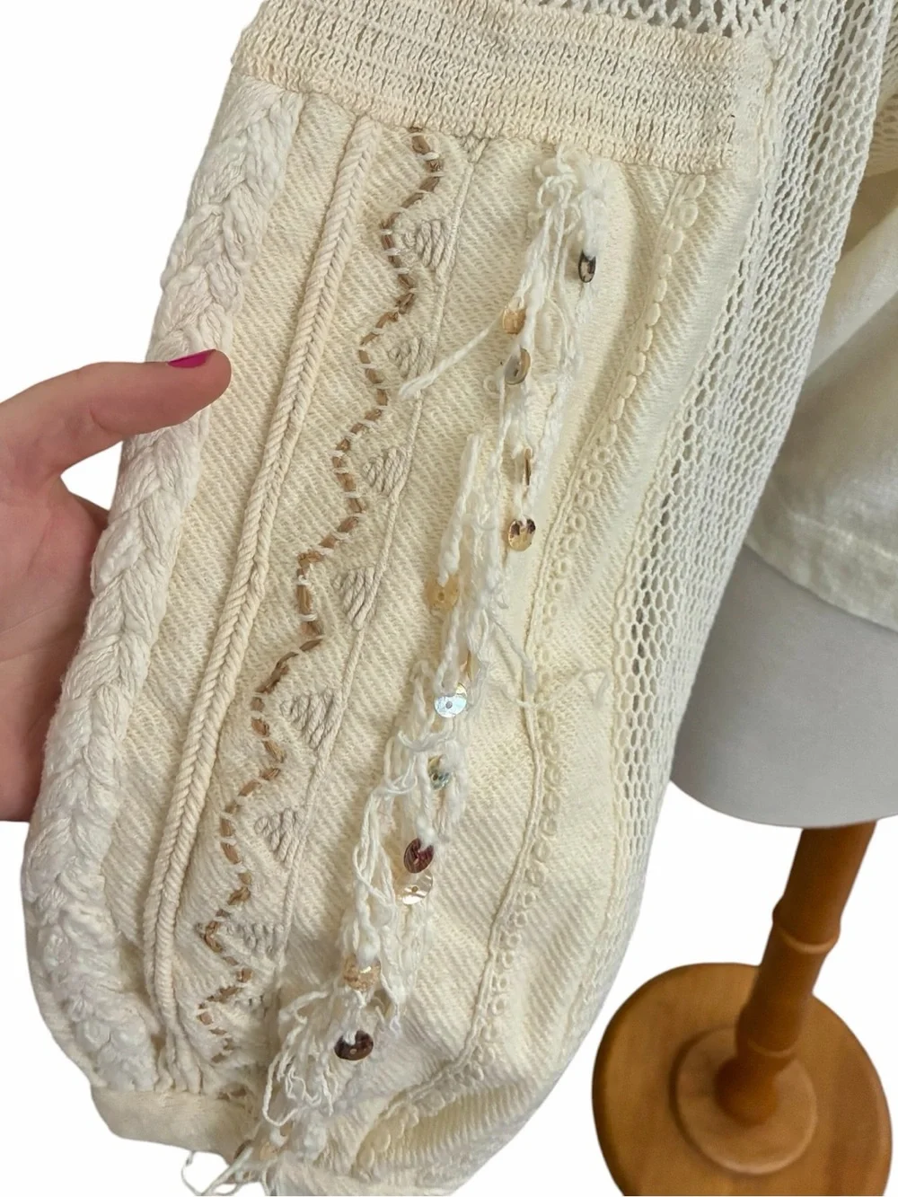 Free People Ivory Marakesh Embellished Top Crochet Long Sleeve Women's XS